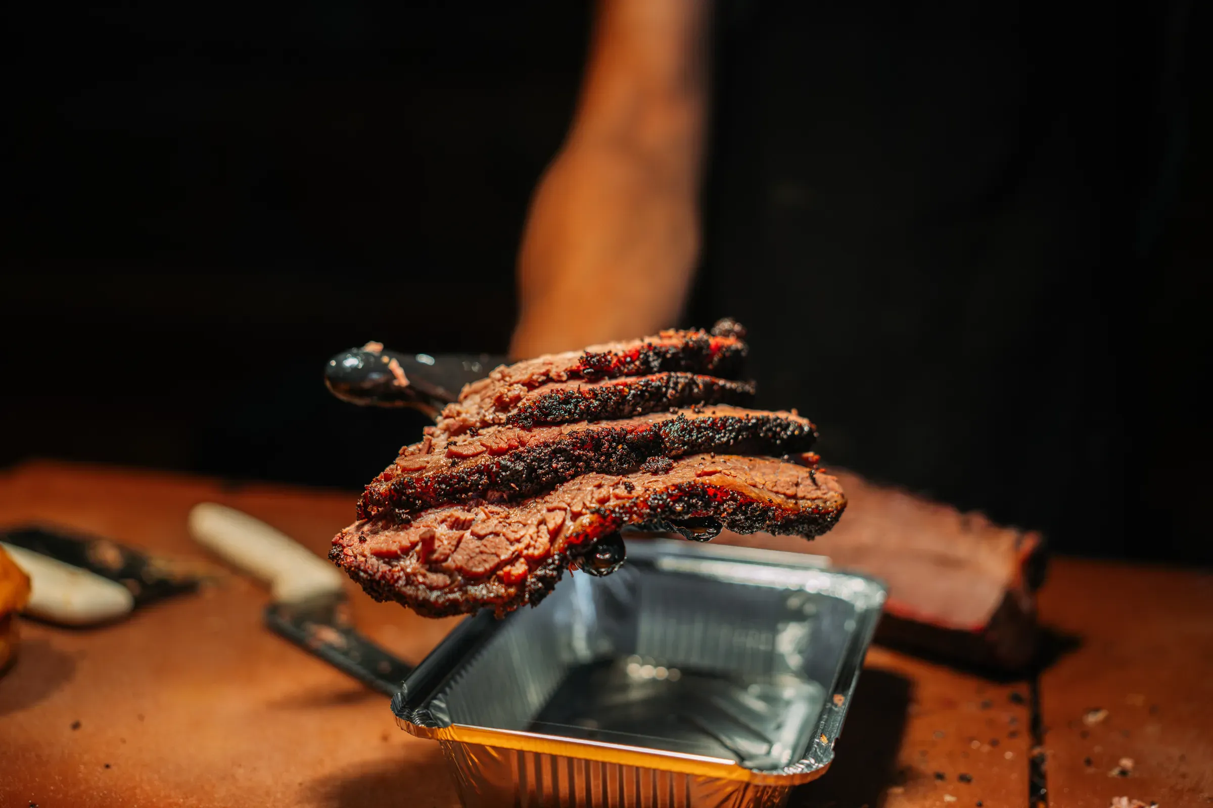 Sliced brisket served for catering